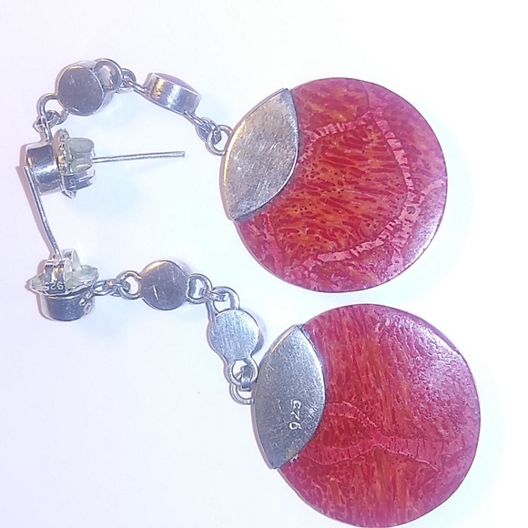 925 Coral Color Silver Embellishments Circle Pierced Three Small Stones - Picture 3 of 4